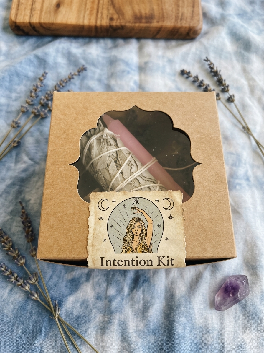 Closed intention kit box with sage, candle, label, lavender, and amethyst